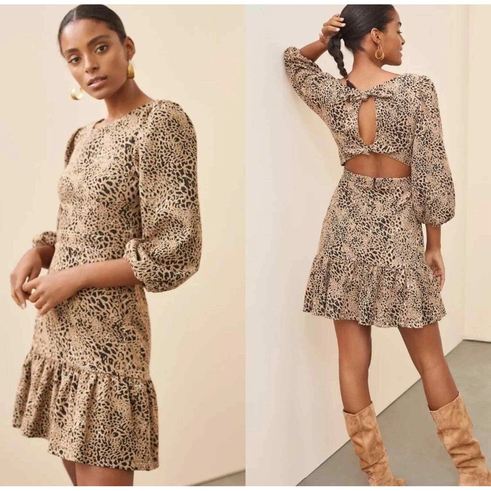 Anthropologie Maeve Knit Cut-Out Back Dress Leopard Print Tie Back Mini Sz 6